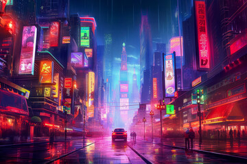 A futuristic cityscape with vibrant, glowing billboards illuminating the skyline, creating a mesmerizing display of lights and colors.