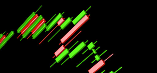 business candlestick- diagramm an der börse, aufstiegs- und falldiagramm für finanzinvestitionen, 3d rendering, kapitalanlage, wertpapier kurs, weltweiter börsenhandel, crypto-währung, money chart,  