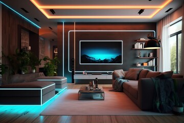 Contemporary Living Room Stylish Interior with Sofa and Television. AI