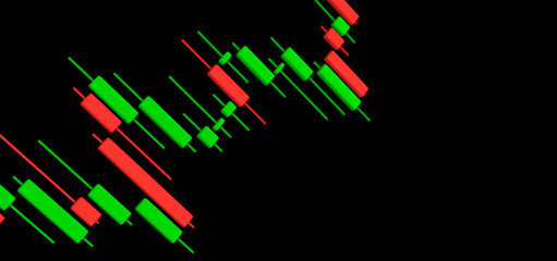 business candlestick- diagramm an der börse, aufstiegs- und falldiagramm für finanzinvestitionen, 3d rendering, kapitalanlage, wertpapier kurs, weltweiter börsenhandel, crypto-währung, money chart,  