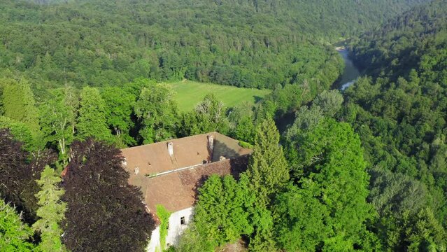 Aerial view of old Severin castle town above the Kupa River, Croatia