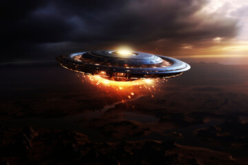 Fototapeta na wymiar Flying saucer of aliens in flight. Generative AI