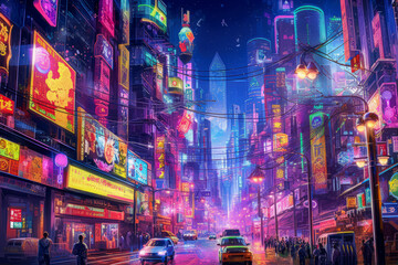 Naklejka premium A futuristic cityscape with vibrant, glowing billboards illuminating the skyline, creating a mesmerizing display of lights and colors.