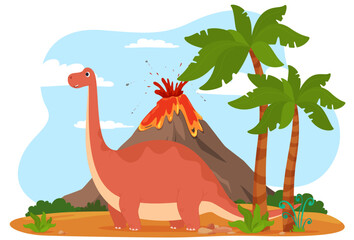 A dinosaur on an island with a volcano. Cartoon cute beautiful dinosaurs. Ancient cold-blooded lizards in children cartoon style. Vector illustration © Igor