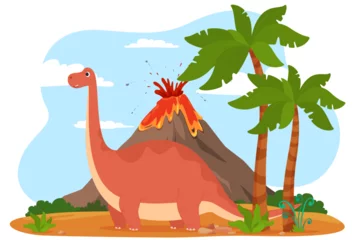 Foto auf Acrylglas Antireflex A dinosaur on an island with a volcano. Cartoon cute beautiful dinosaurs. Ancient cold-blooded lizards in children cartoon style. Vector illustration © Igor