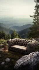 a sofa on top of a mountain near a coniferous forest. the concept of rest. relaxation generative ai.
