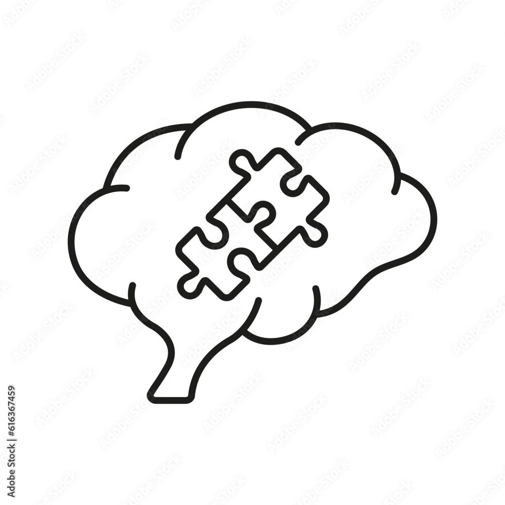 Aufkleber puzzle and human brain line icon. jigsaw creative mind concept. problem solving and find solution li