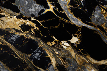 Generative AI illustration of black and blue marble effect background with thin threads and glitters of gold