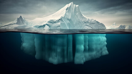 A huge white iceberg on the surface of the ocean. Hidden Danger  concept