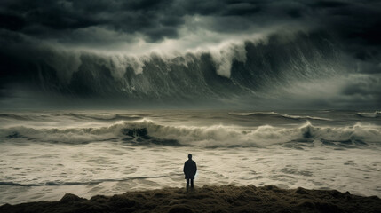 A Man Facing a Giant Wave. Mental Health Concept. Confronting the Surge