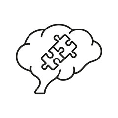 Puzzle and Human Brain Line Icon. Jigsaw Creative Mind Concept. Problem Solving and Find Solution Linear Pictogram. Education, Idea, Memory Outline Sign. Editable Stroke. Isolated Vector Illustration