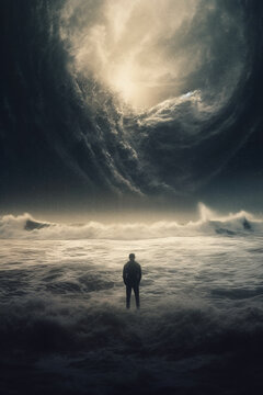 A Man Facing a Giant Wave. Mental Health Concept. Confronting the Surge