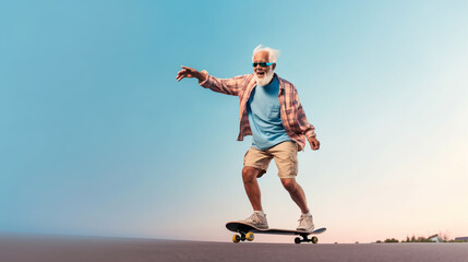 Bearded elderly man Riding skateboard. Old man is riding a skateboard 