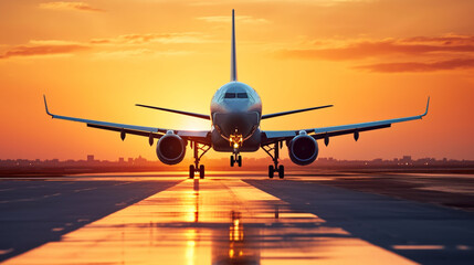 Fototapeta na wymiar Airplane landing to airport runway in sunset. Take off in sunset