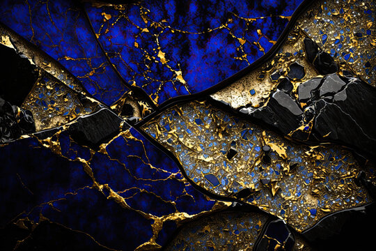 Generative AI illustration of black and blue marble effect background with thin threads and glitters of gold © veneratio