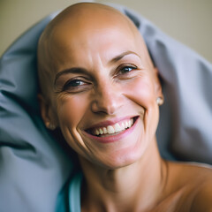 A female sick cancer patient in a hospital but still has a smile on her  face. (AI-generated fictional illustration)
