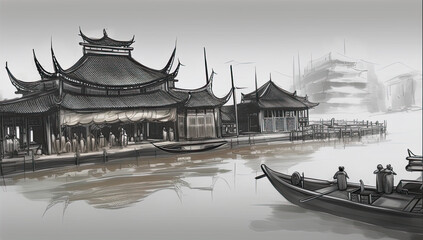 Generative AI illustration of Chinese Japanese Sumi-e style of Asian landscape peaceful Zen Buddhist image