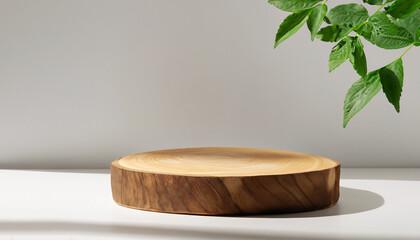 Natural round wooden stand for presentation and exhibitions on white background with shadow. Copy space.