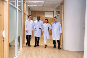 A mature team of doctors walking in the hospital corridor hallway happy discuss on patients health