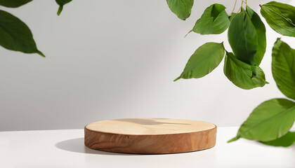 Wooden podium for display product. Background for cosmetic product branding, identity and packaging