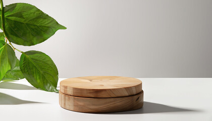 Natural round wooden stand for presentation and exhibitions on white background with shadow. Copy space.