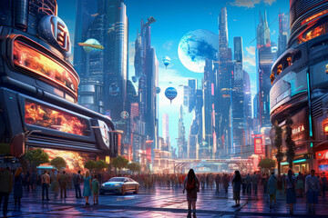 A technologically advanced city with towering skyscrapers and futuristic billboards showcasing holographic advertisements, giving a glimpse into a future where technology and advertising seamlessly me