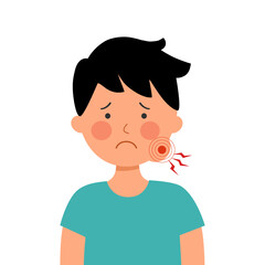 Obraz premium Sad child with swollen cheek in flat design on white background. Swollen gum.