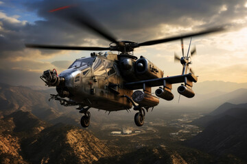 Fantastic combat helicopter in flight. Generative AI
