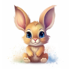 Fototapeta premium Cute little baby bunny rabbit cartoon character drawing generative AI illustration isolated on white background. Lovely baby animals concept