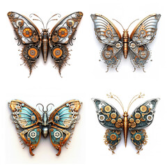 Four butterflies in steampunk style symbolic isolated on white background. Concept butterfly generative AI image. Symbol of flying and freedom