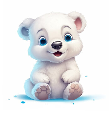 Cute little baby white polar bear cartoon character drawing generative AI illustration isolated on white background. Lovely baby animals concept
