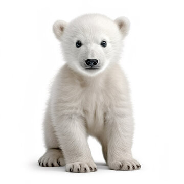 Cute little baby white polar bear realistic photo character generative AI illustration isolated on white background. Lovely baby animals concept