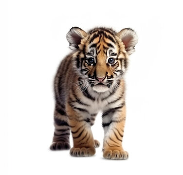 Cute little baby tiger cub realistic photo character generative AI illustration isolated on white background. Lovely baby animals concept