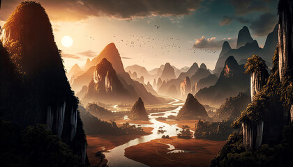 Generative AI illustration epic landscape of Asian landscape inspired mountain range and river flowing through valley during golden hour sunrise