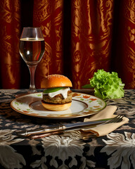 Burger on a plate that is on the table, served elegantly.