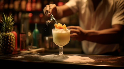 Obraz premium a bartender skillfully preparing a pina colada cocktail, showcasing the artistry and precision of mixology, AI Generated
