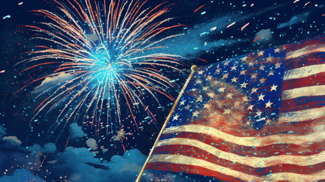 illustration depicting fireworks bursting in the night sky with the American flag in the background,  AI-Generated