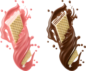 crispy wafer with chocolate and strawberry splash transparent background (PNG). Generative AI.