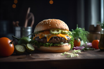 Beef burger on wooden board on dark background. AI generated