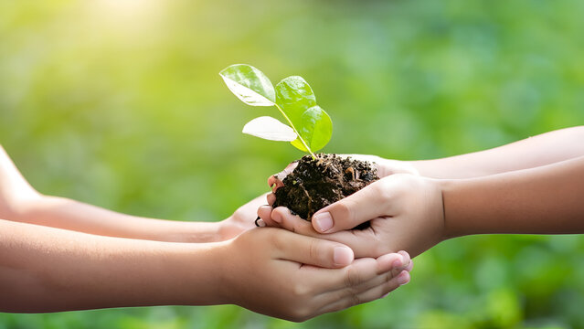 hand children holding young plant with sunlight on green nature background. concept eco earth day. AI Generative