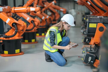 Woman working intently on a complicated industry 4.0 robot plant in technology factory.