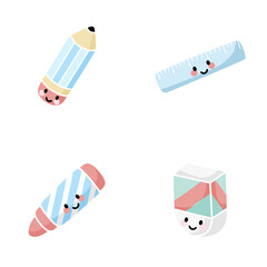 Set Cute Kawaii School Equipment isolated on a blue background. Vector - Illustration.