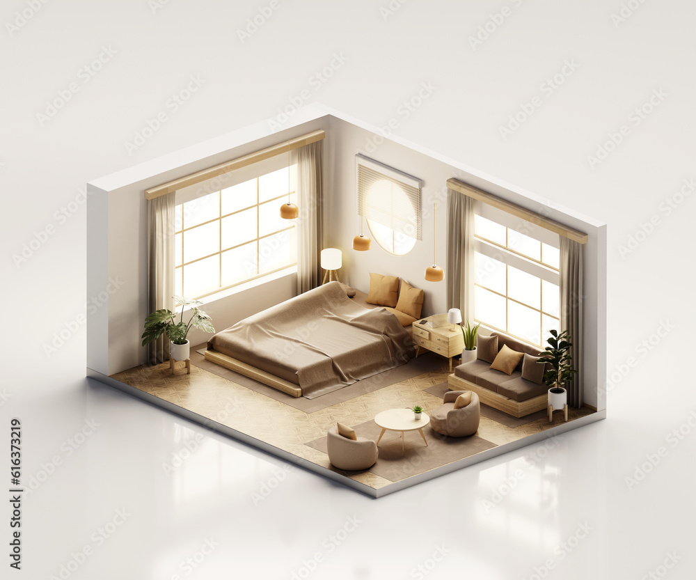 Poster isometric view bed room open inside interior architecture 3d rendering digital art