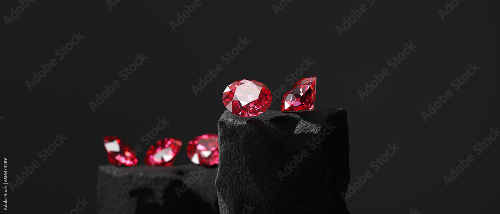Poster ruby gem diamond group placed on dark background soft focus 3d rendering