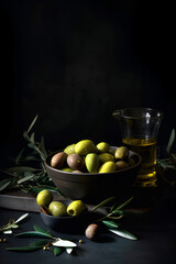 Fresh olives with leaves in a bowl on dark background with copy space. AI generated
