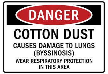 Worn dust mask sign and labels cotton dust. Causes damage to lungs. Wear respiratory protection in this area
