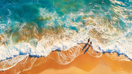 Obraz premium top down view of a beach with people turquoise water and white waves 
