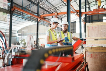 Industrial Engineer at work in factory, industrial engineers working at automated AI robotic production factory - New technology concept