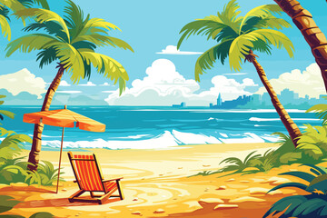 Fototapeta na wymiar hand drawn painting of beach with palm trees and chair