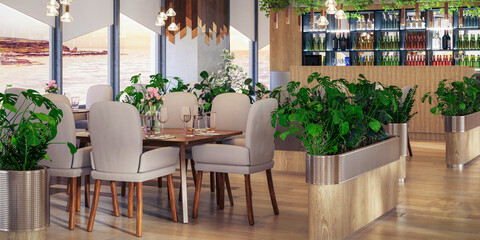 Dish on the Wooden Table Inside a Modern Restaurant in Sustainable Interior Design - 3D Visualization